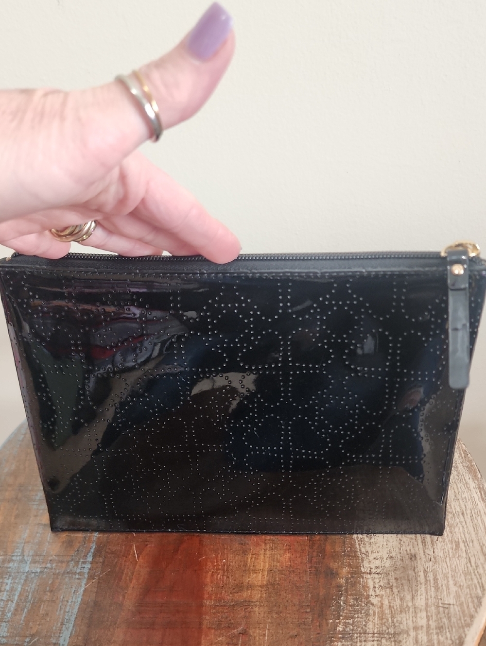 Kate Spade New York Jaquard Print Floral Black Studded Paient Leather Zip Pouch - Picture 5 of 10